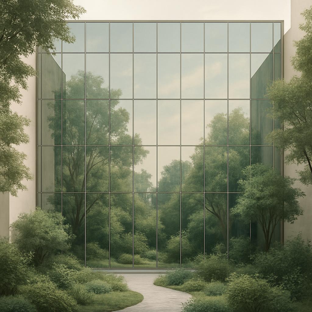 Una imagen de un edificio con múltiples ventanas của en el medio de una zona con árboles.