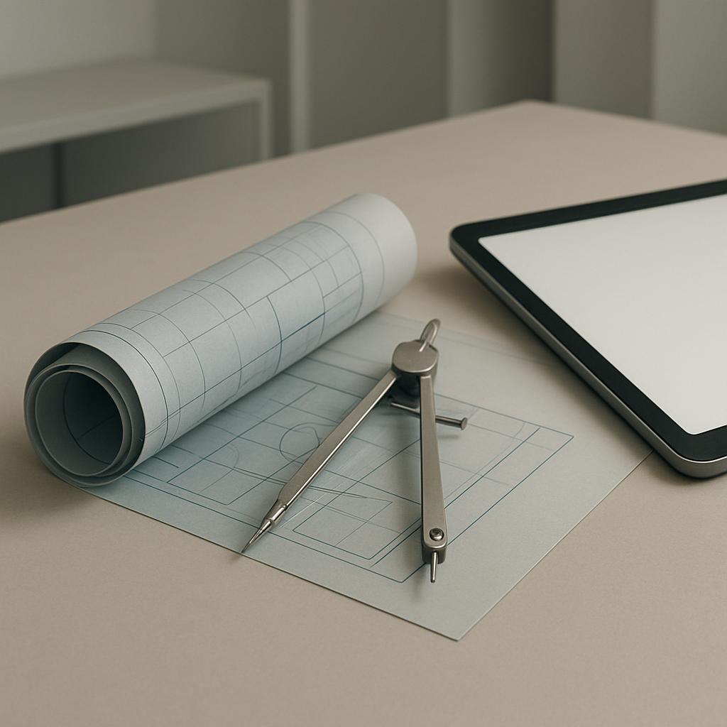 Herramientas para dibujo de arquitectos y artistas contra un fondo de dibujo y una tablet. Spanish (Spain)