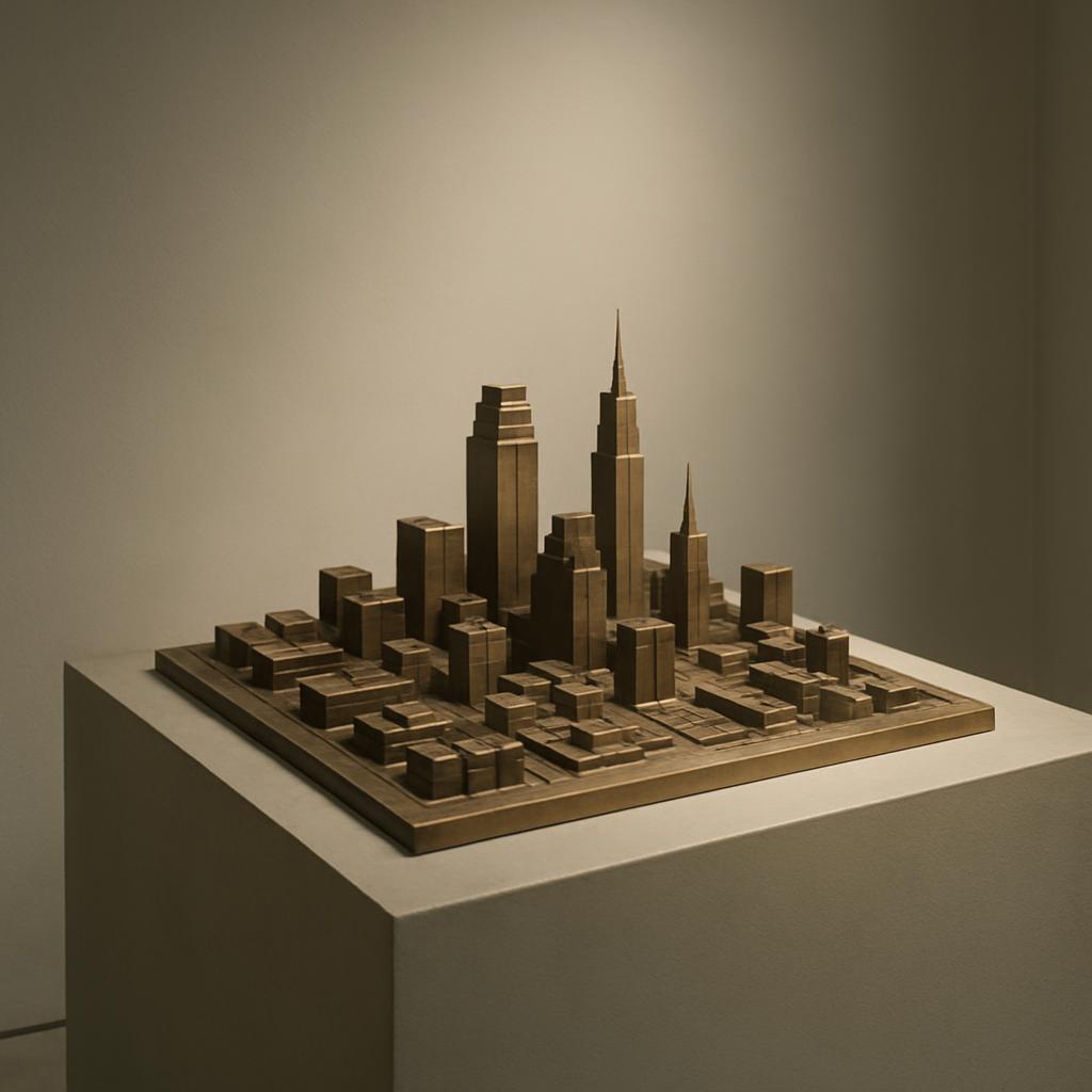 **Alt Text:** Un 구성된 모델의 3D 건축물 모음, 거린 조직의 포트폴리오에 녹인 피라미드 및 타워 같은 특징적 건물 구조를 보여줍니다.